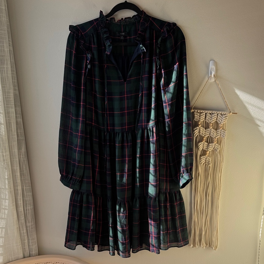 J. Crew Long Sleeve Plaid Dress Lined Black and Green Tartan Small